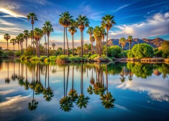 Obraz premium Serene Palm Reflections at Papago Park, Arizona - Stunning Desert Landscape Photography
