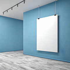 Blank White Poster in Empty Room on Blue Wall – 3D Rendering