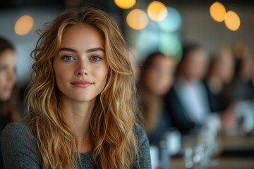 A woman sits at a table with a group of people in the background, possibly having a conversation or sharing food