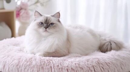 Cozy Cat Lounging on Plush Rug with Soft Lighting