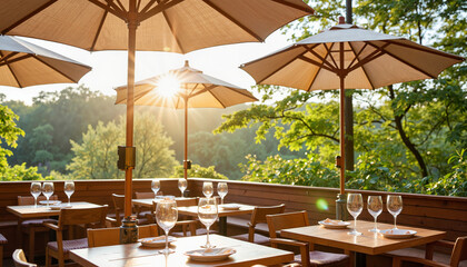 Obraz premium Cozy dining under table umbrellas at sunset, peaceful enjoyment