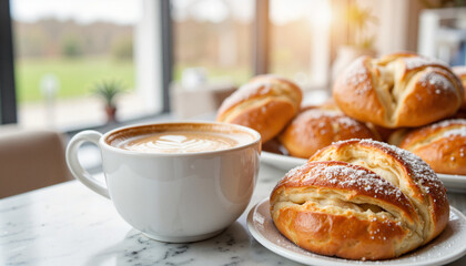 Delicious brunch setup with coffee and pastries, cozy atmosphere
