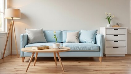 Serenely inviting, a light blue couch adorned with four plush pillows rests opposite a refined wooden coffee table in an elegant living room. A delicate white vase cradles a solitary white tulip, addi