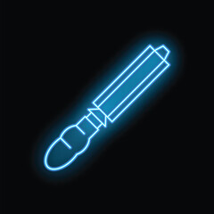 Blue glowing neon icon of a putty knife spreading plaster, sealant, or glue