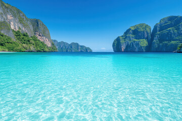 Fototapeta premium A beautiful blue ocean with mountains in the background