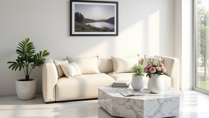 Elegant indoor scene: White marble coffee table set before a plush, cream leather couch. Three white vases holding delicate pink blooms adorn the right, complemented by a chic plant in a white pot nea