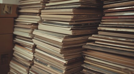 Naklejka premium Stacks of vintage books, various sizes and colors, close-up view.