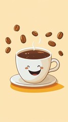 Happy Coffee Cup with Coffee Beans Surrounding It