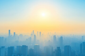 A Serene Sunrise Over a Cityscape, Bathed in Soft Blue and Golden Light, Highlighting Skyscrapers and Urban Architecture in a Misty Atmosphere