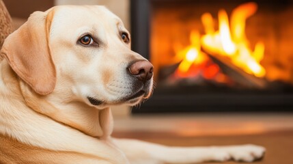 Cozy Living Room with Dog by Roaring Fire