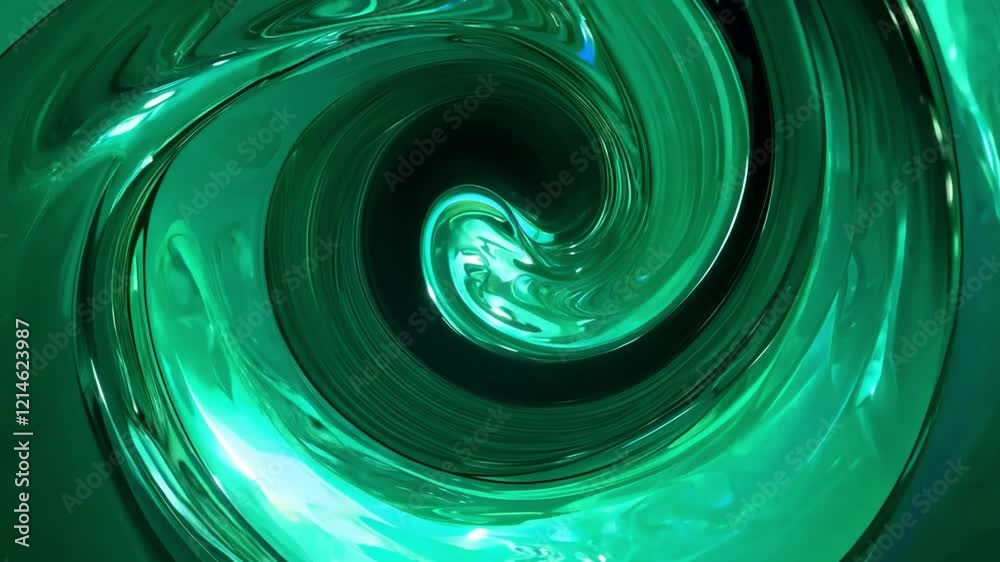 Poster Intricate glossy swirl of green hues creates a captivating flow, drawing the viewer into its depth, showcasing beauty in abstract motion and design.