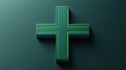 Fototapeta premium Glowing green cross, dark background, 3D render, medical symbol