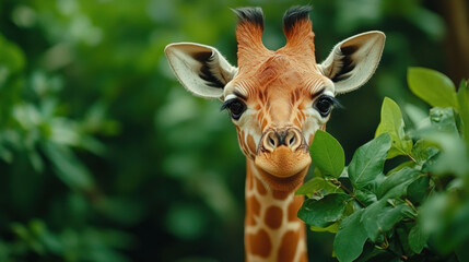 Obraz premium Giraffe peeking through lush green foliage in a vibrant natural setting.