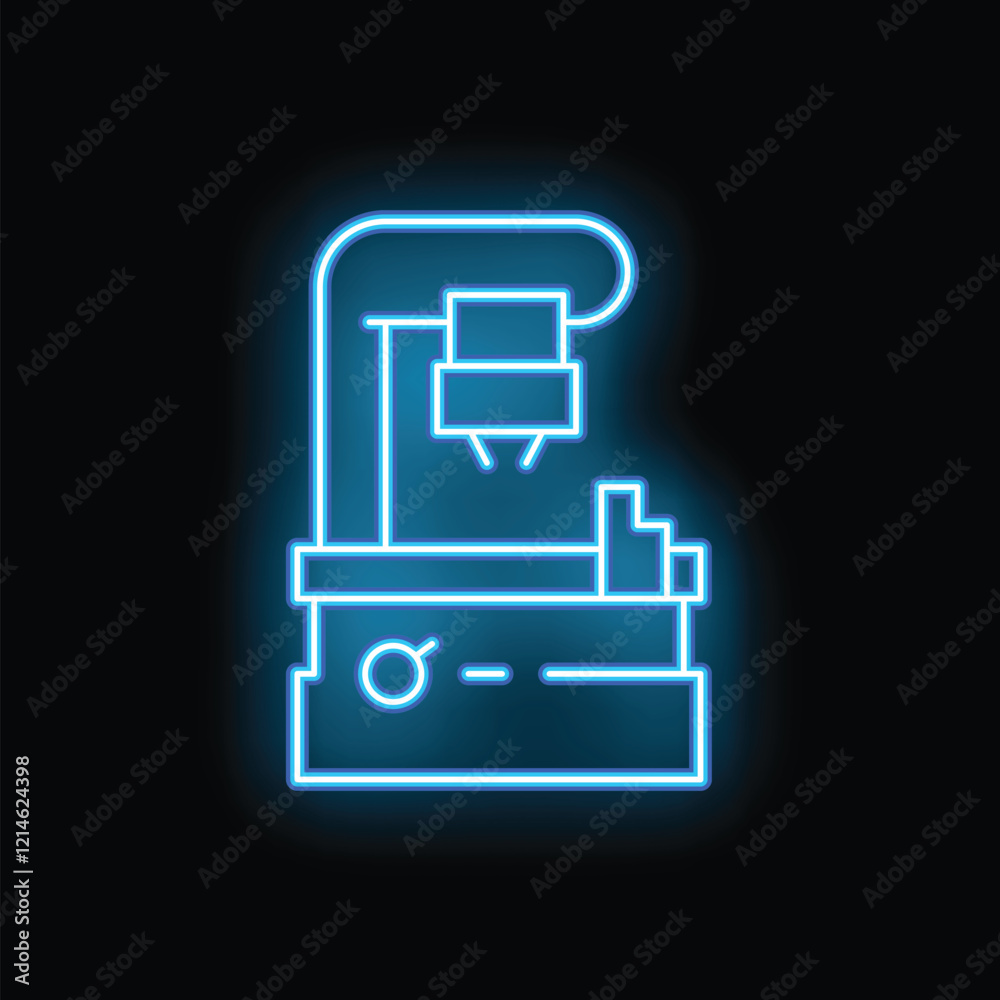 Poster blue neon icon of a 3d printer creating a prototype object