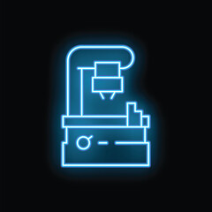 Blue neon icon of a 3d printer creating a prototype object