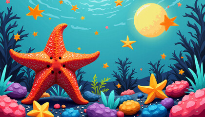Starfish with Seaweed Underwater Scene in Bright Colors with Copy Space