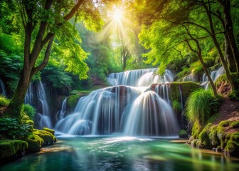 Fototapeta premium Serene Waterfall Park: Double Exposure of Smooth Water and Lush Greenery