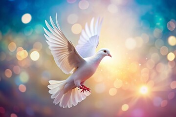 Fototapeta premium Serene White Dove in Flight, Soft Bokeh Background - Peaceful Symbol