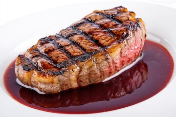 Juicy raw steak served on a plate with savory sauce, great for food photography and culinary concepts