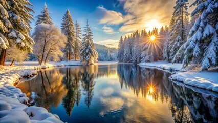 Serene Winter Lake in Forest - Frozen Beauty, Peaceful Nature Scene