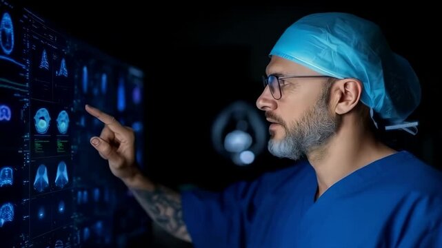 a surgeon in operating theatre scrubs, totally exalted by technology and digital