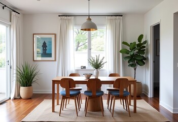 Fototapeta premium Australian Home Dining Room: Cozy, Lived-In Interior, Soft Morning Light, Minimalist Design, White Walls, Soft Blue Accents, Natural Aesthetic, Timeless Style, Inviting Atmosphere.