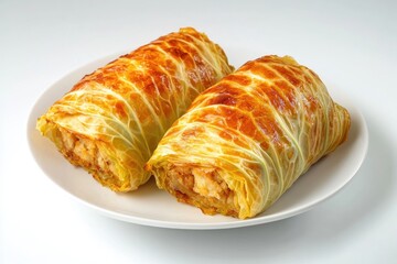 Two traditional Eastern European-style stuffed cabbage rolls served on a clean white plate