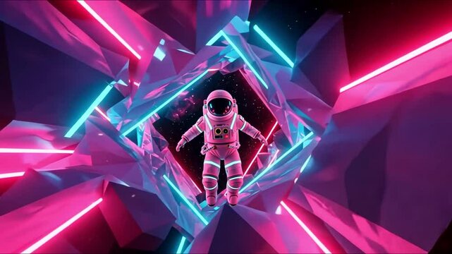 Astronaut in the fourth dimension. Neon surroundings and bright stripes. Interstellar. Sci-fi 3d animation
