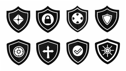 Shield icon set in vintage style. Protect shield security icon set. Shield badge quality symbol