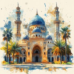 Fototapeta premium Islamic mosque brown watercolor illustration on white background oil painting