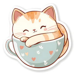 Adorable Chubby Cat Snuggled in a Delicate Teacup Graphic Sticker