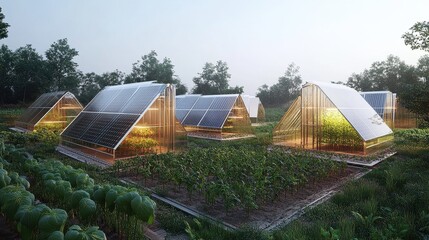 Transparent solar panels doubling as greenhouse roofs for growing crops, multifunctional renewable energy innovation.