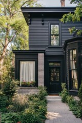 Charming modern black house surrounded by lush greenery and a welcoming pathway showcases elegant residential design in a serene neighborhood