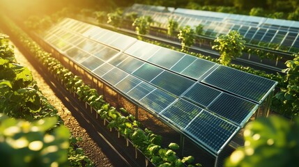 Transparent solar panels doubling as greenhouse roofs for growing crops, multifunctional renewable energy innovation.