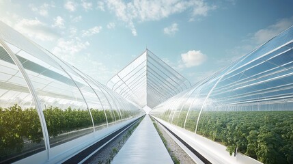 Obraz premium Transparent solar panels doubling as greenhouse roofs for growing crops, multifunctional renewable energy innovation.