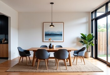 Modern Australian Dining Room Interior: Cozy, Lived-In Space with Soft Morning Light, Minimalist Style, White Walls, Natural Aesthetic, Soft Blue Accents, Timeless Design, Comfortable and Inviting.

