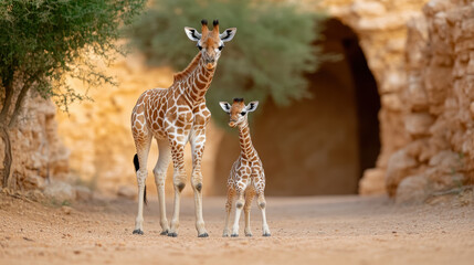 A mother giraffe and her calf stand together in a serene environment, showcasing their gentle nature.