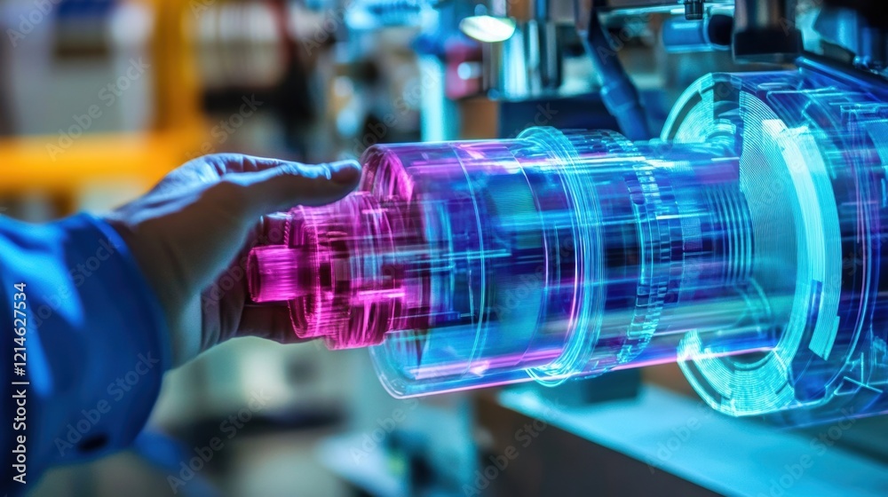 Poster engineer is using holographic augmented reality software to design a new industrial part, improving 