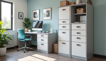 Veterinary Clinic Office Workspace with Organizers and Copy Space