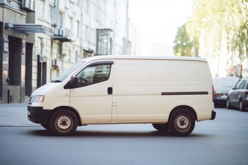 A white van drives down a busy city street