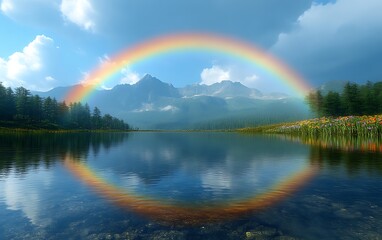 Rainbow arching over a serene mountain lake reflecting the vibrant colors.