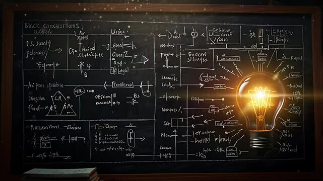 The light bulb lights up against the background of a blackboard full of scribbled lessons. Seamless 4K looping timelapse video animation background