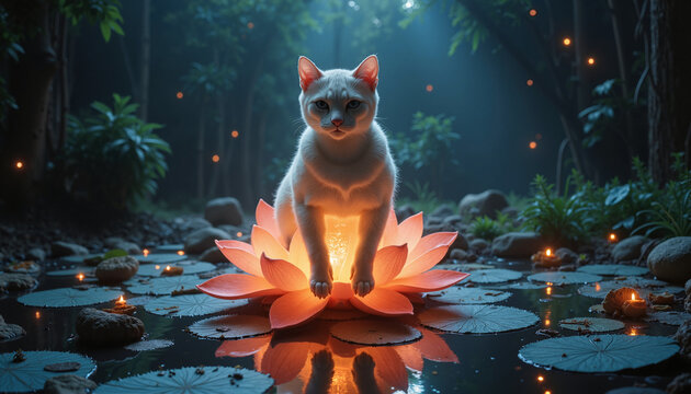 Cat Sitting on a Lotus Flower in a Mystical Forest with Copy Space