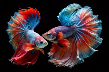 Obraz premium Siamese Fighting Fish, Long Exposure, Black Background, Aquatic Life, Betta Splendens