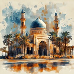 Naklejka premium Islamic mosque brown watercolor illustration on white background oil painting