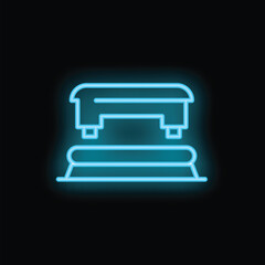 Glowing blue neon icon of a step platform, isolated on a black background