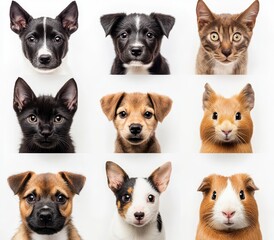 Adorable Faces of Pets Showcasing Puppies, Kittens, and Guinea Pigs on a Clean White Background for Any Animal Lover's Collection
