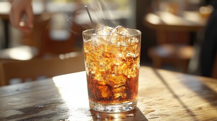 Photorealistic soda glass on modern cafe table with stirring hand