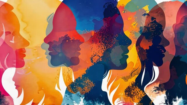 Artistic silhouettes of women are prominently displayed in a vivid blend of colors, showcasing their profiles in a harmonious and visually striking composition.