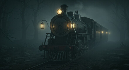 Naklejka premium A haunting, ultra-realistic gothic train from the past century, viewed from the front. The train exudes a dark, eerie, and ghostly atmosphere